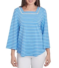 Ruby Rd. Knit Stripe Trim Square Neck 3/4 Bell Sleeve Top