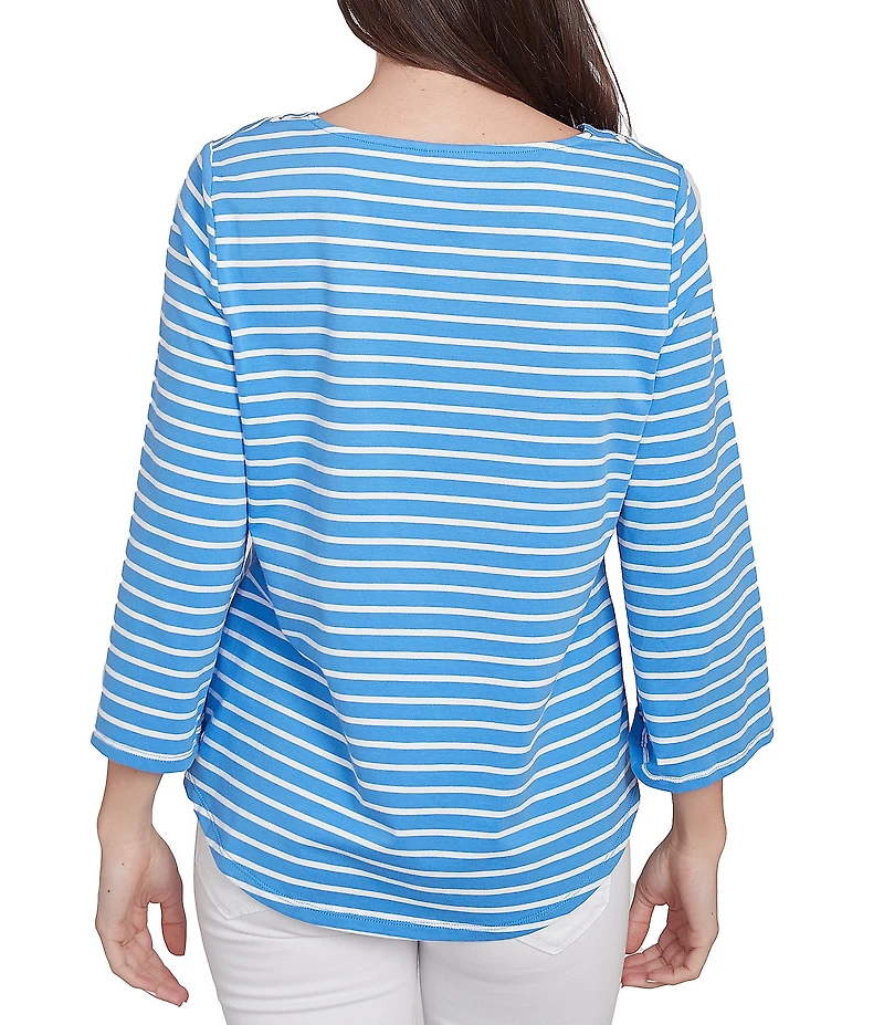 Ruby Rd. Knit Stripe Trim Square Neck 3/4 Bell Sleeve Top