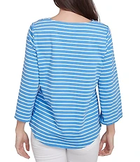 Ruby Rd. Knit Stripe Trim Square Neck 3/4 Bell Sleeve Top