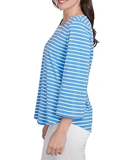 Ruby Rd. Knit Stripe Trim Square Neck 3/4 Bell Sleeve Top
