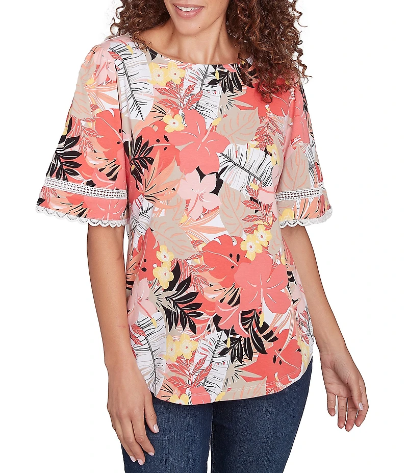 Ruby Rd. Knit Tropical Paradise Print Crew Neck Short Sleeve Top