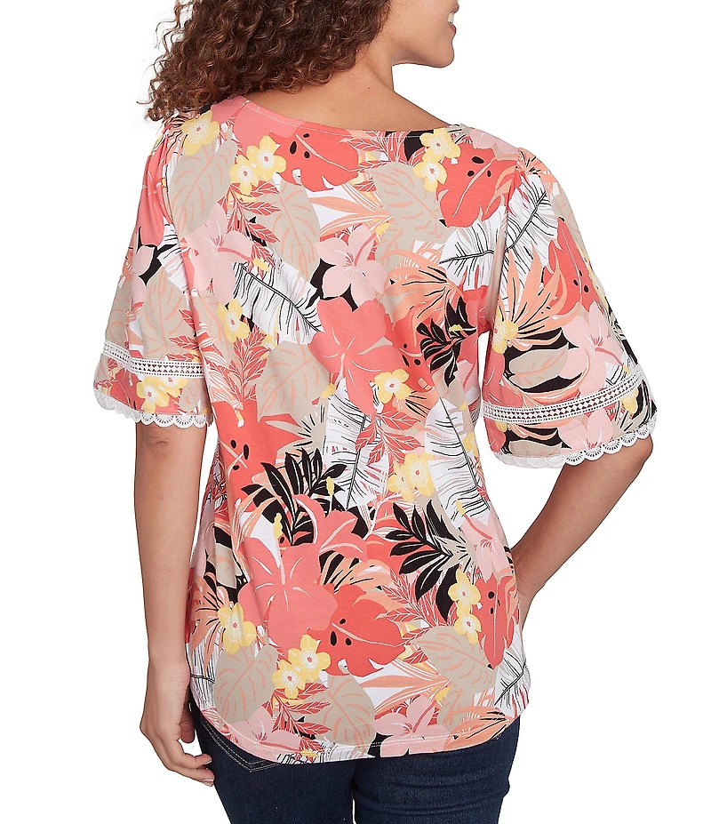 Ruby Rd. Knit Tropical Paradise Print Crew Neck Short Sleeve Top