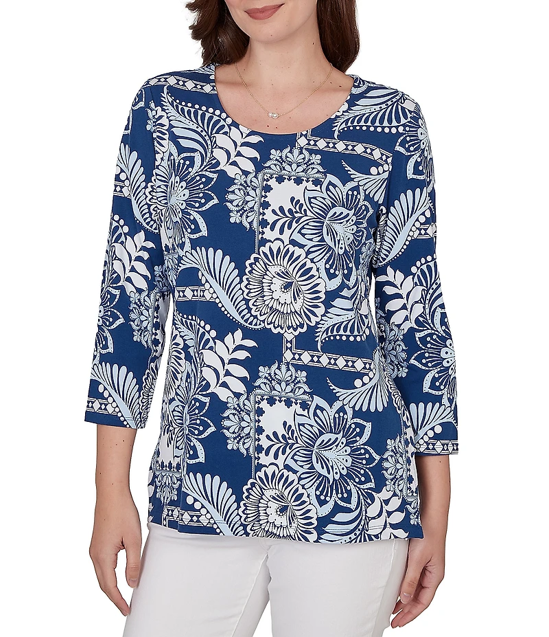 Ruby Rd. Knit Tropical Patchwork Print Scoop Neck 3/4 Sleeve Top
