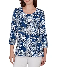Ruby Rd. Knit Tropical Patchwork Print Scoop Neck 3/4 Sleeve Top