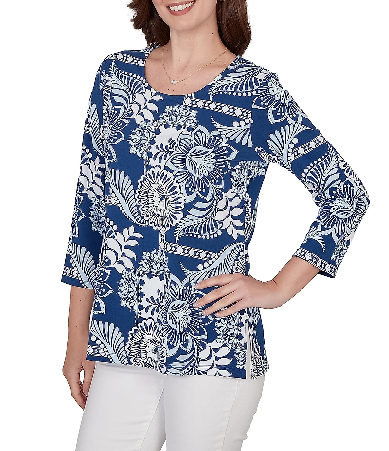 Ruby Rd. Knit Tropical Patchwork Print Scoop Neck 3/4 Sleeve Top