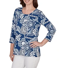 Ruby Rd. Knit Tropical Patchwork Print Scoop Neck 3/4 Sleeve Top