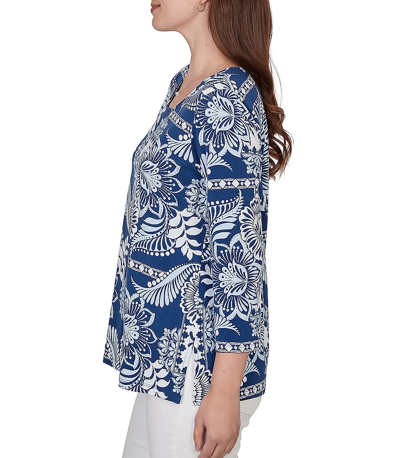 Ruby Rd. Knit Tropical Patchwork Print Scoop Neck 3/4 Sleeve Top
