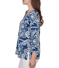 Ruby Rd. Knit Tropical Patchwork Print Scoop Neck 3/4 Sleeve Top