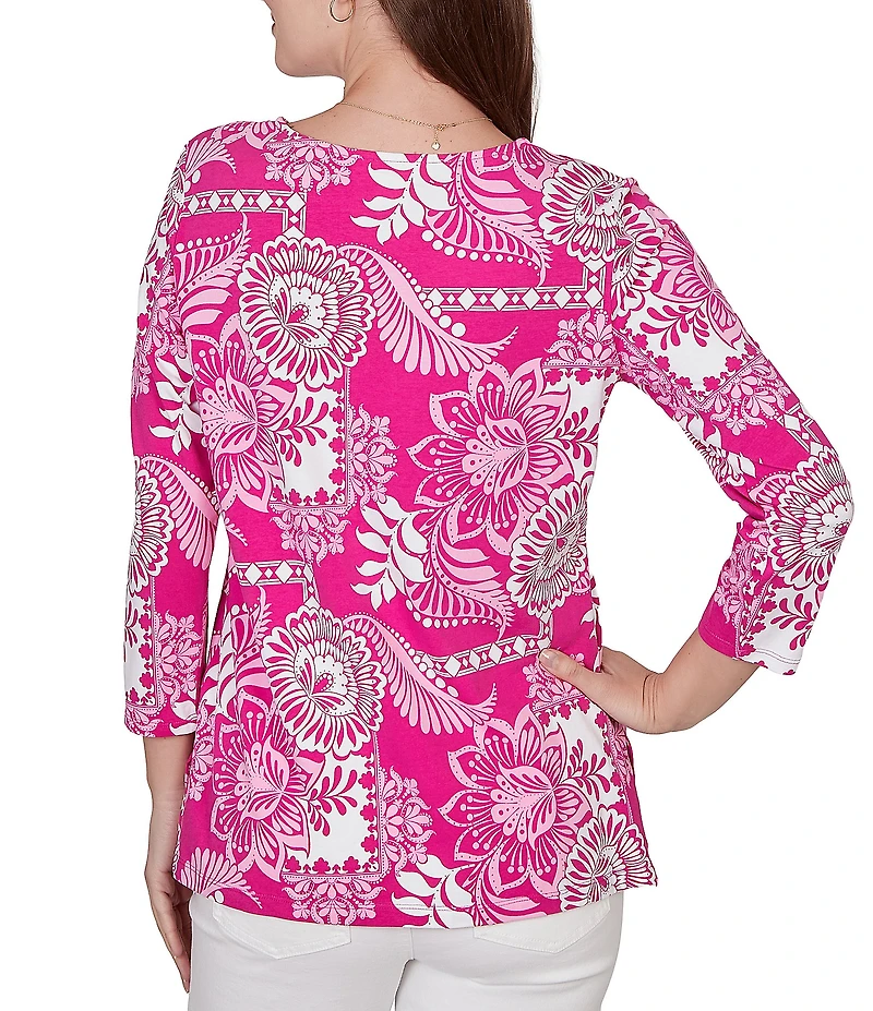 Ruby Rd. Knit Tropical Patchwork Print Scoop Neck 3/4 Sleeve Top