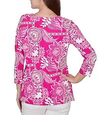 Ruby Rd. Knit Tropical Patchwork Print Scoop Neck 3/4 Sleeve Top