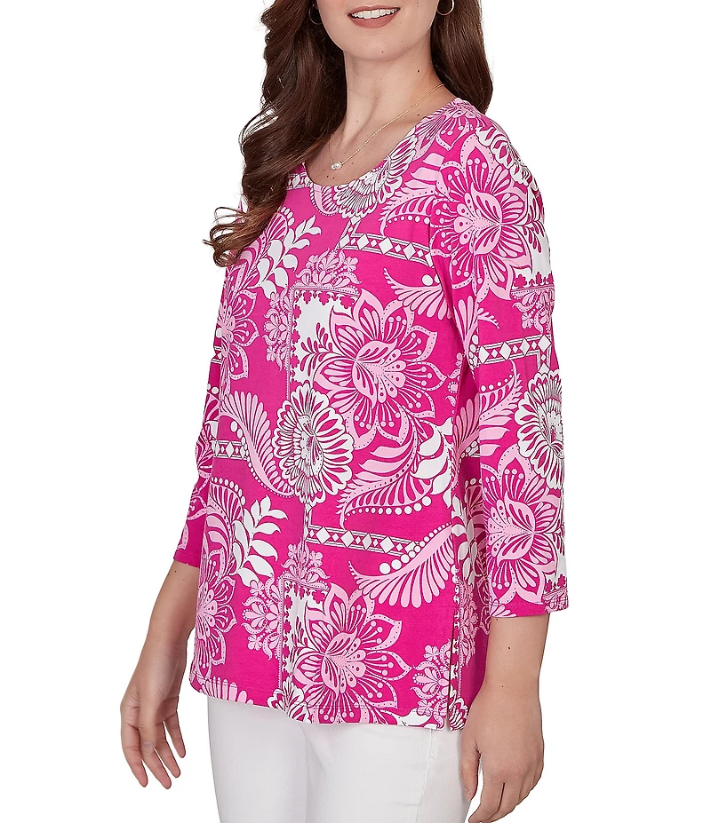 Ruby Rd. Knit Tropical Patchwork Print Scoop Neck 3/4 Sleeve Top