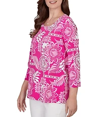 Ruby Rd. Knit Tropical Patchwork Print Scoop Neck 3/4 Sleeve Top