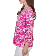 Ruby Rd. Knit Tropical Patchwork Print Scoop Neck 3/4 Sleeve Top