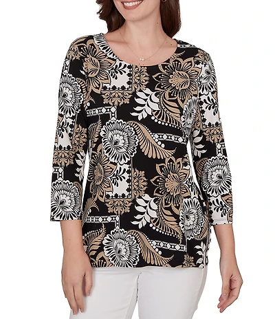 Ruby Rd. Knit Tropical Patchwork Print Scoop Neck 3/4 Sleeve Top