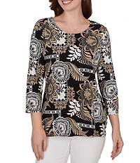 Ruby Rd. Knit Tropical Patchwork Print Scoop Neck 3/4 Sleeve Top