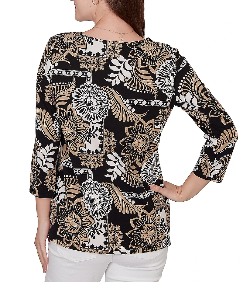 Ruby Rd. Knit Tropical Patchwork Print Scoop Neck 3/4 Sleeve Top