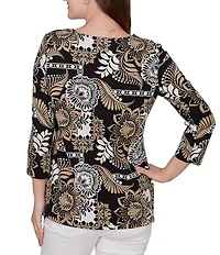 Ruby Rd. Knit Tropical Patchwork Print Scoop Neck 3/4 Sleeve Top