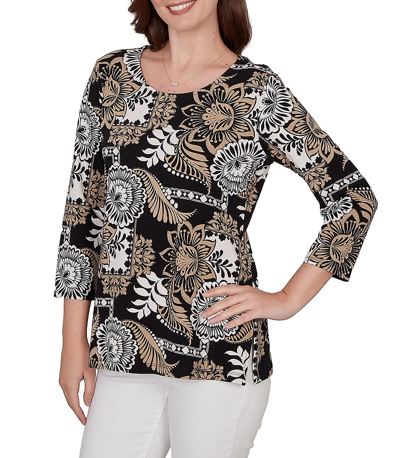 Ruby Rd. Knit Tropical Patchwork Print Scoop Neck 3/4 Sleeve Top