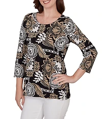 Ruby Rd. Knit Tropical Patchwork Print Scoop Neck 3/4 Sleeve Top