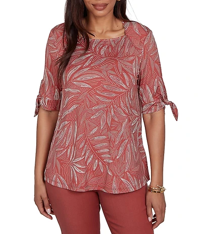 Ruby Rd. Leaf Print Square Neck Elbow Tie Sleeve Top