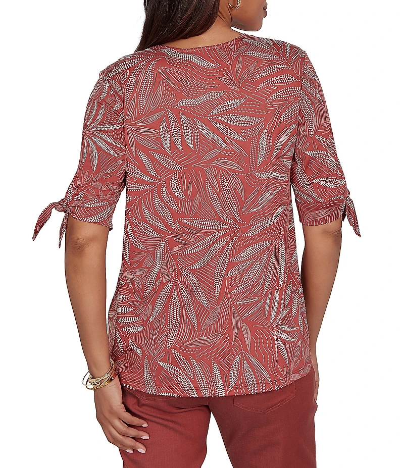 Ruby Rd. Leaf Print Square Neck Elbow Tie Sleeve Top