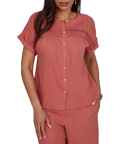 Ruby Rd. Linen Blend Banded Round Neck Short Cuff Sleeve Button Front Shirt
