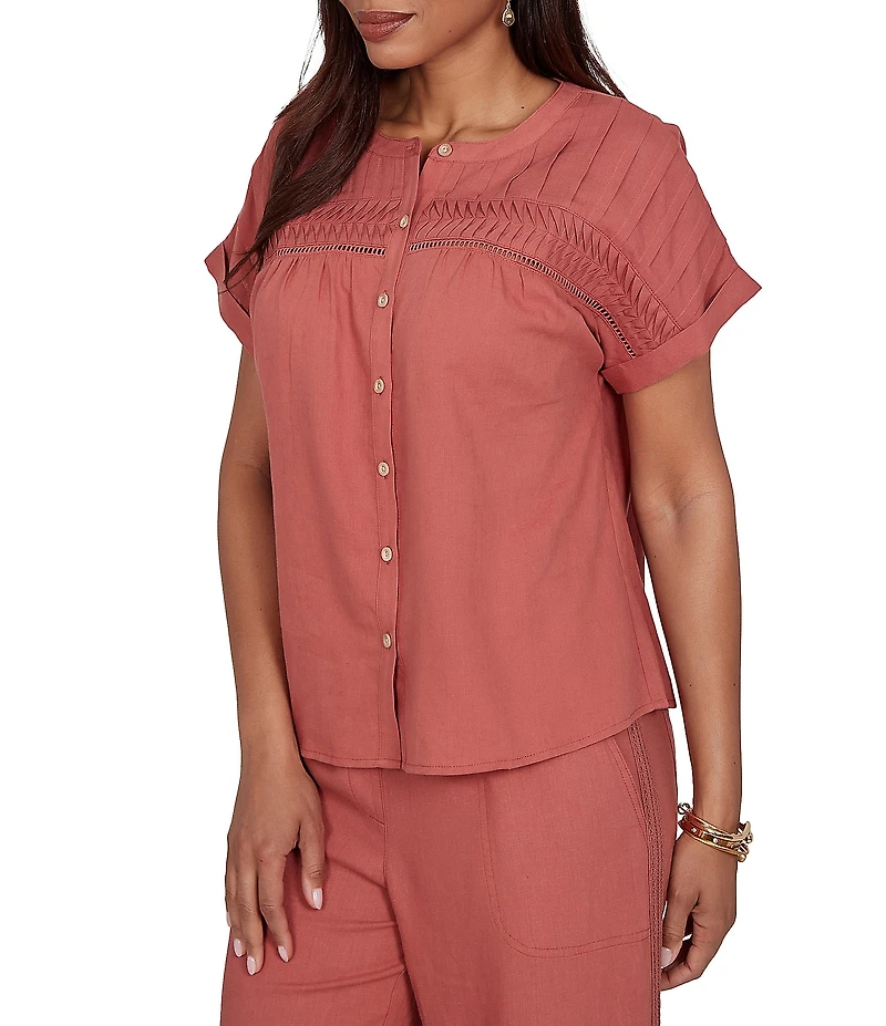 Ruby Rd. Linen Blend Banded Round Neck Short Cuff Sleeve Button Front Shirt