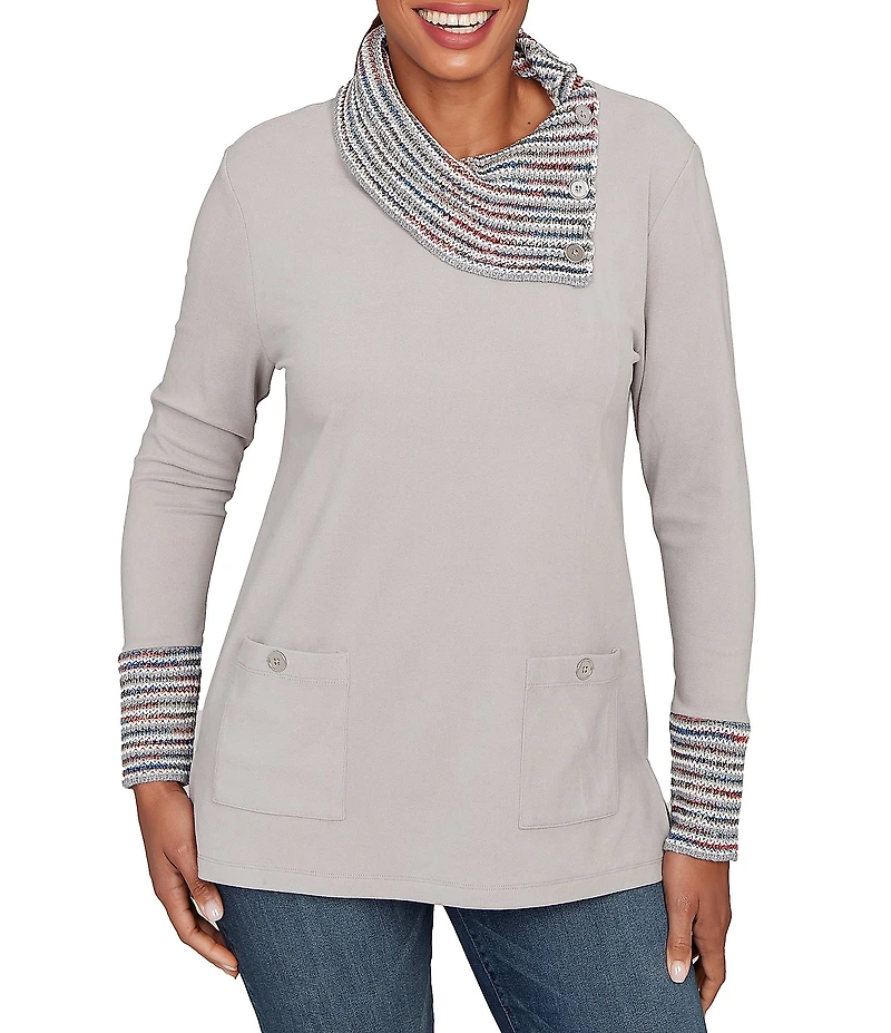 Ruby Rd. Luxe Knit Ribbed Split Cowl Neck Long Sleeve Top