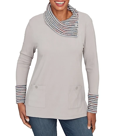 Ruby Rd. Luxe Knit Ribbed Split Cowl Neck Long Sleeve Top