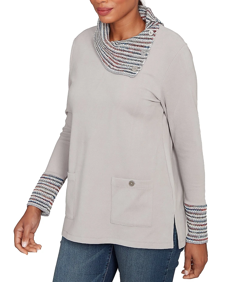 Ruby Rd. Luxe Knit Ribbed Split Cowl Neck Long Sleeve Top