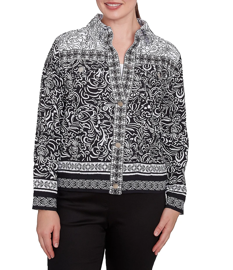 Ruby Rd. Luxe Voile Abstract Botanical Border Print Point Collar Long Sleeve Button-Front Jacket