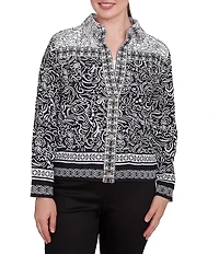 Ruby Rd. Luxe Voile Abstract Botanical Border Print Point Collar Long Sleeve Button-Front Jacket