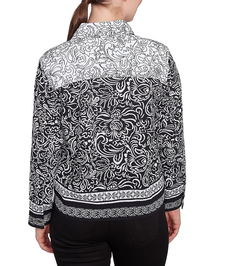 Ruby Rd. Luxe Voile Abstract Botanical Border Print Point Collar Long Sleeve Button-Front Jacket