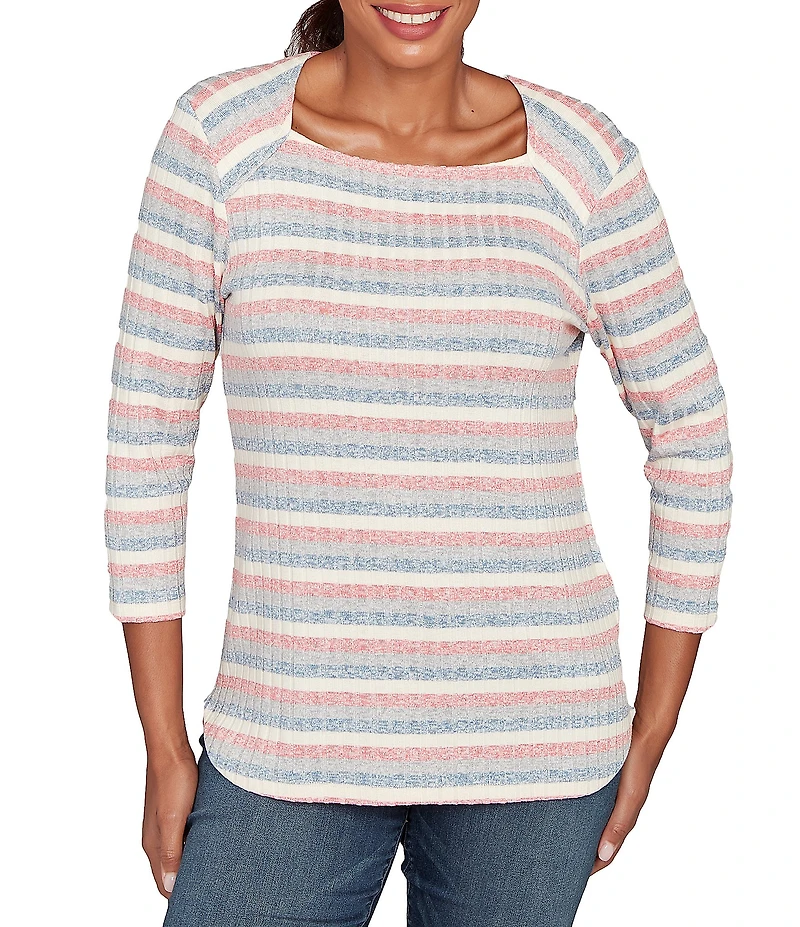 Ruby Rd. Marled Stripe Ribbed Knit Square Neck 3/4 Sleeve Top