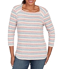 Ruby Rd. Marled Stripe Ribbed Knit Square Neck 3/4 Sleeve Top