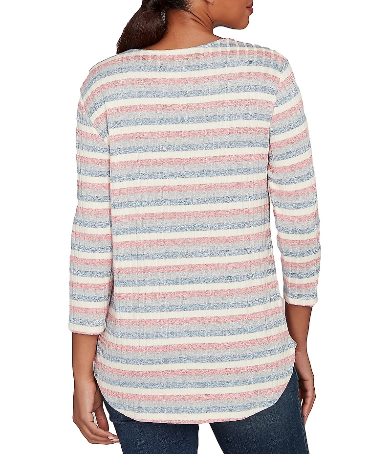 Ruby Rd. Marled Stripe Ribbed Knit Square Neck 3/4 Sleeve Top