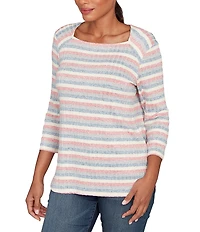Ruby Rd. Marled Stripe Ribbed Knit Square Neck 3/4 Sleeve Top