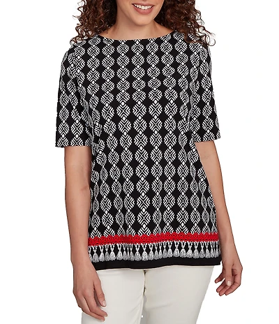 Ruby Rd. Medallion Border Print Boat Neck Elbow Sleeve Top