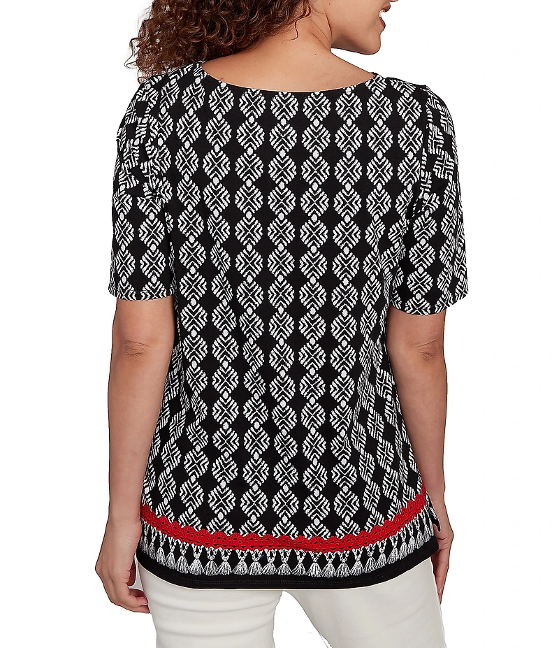 Ruby Rd. Medallion Border Print Boat Neck Elbow Sleeve Top