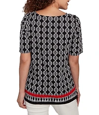 Ruby Rd. Medallion Border Print Boat Neck Elbow Sleeve Top