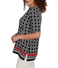Ruby Rd. Medallion Border Print Boat Neck Elbow Sleeve Top