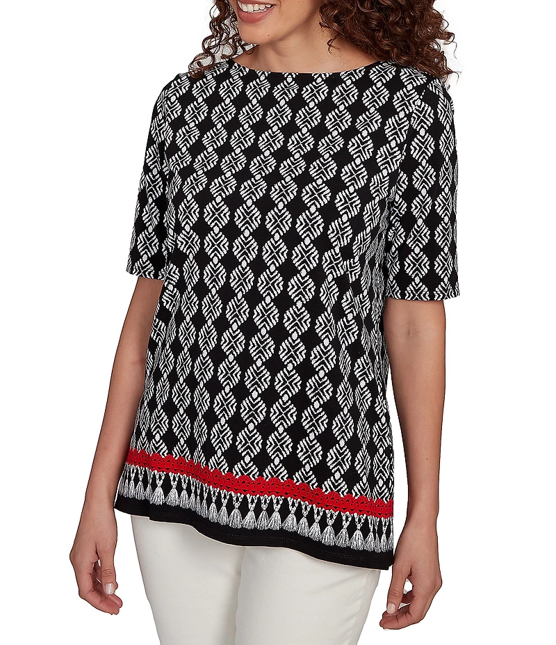 Ruby Rd. Medallion Border Print Boat Neck Elbow Sleeve Top
