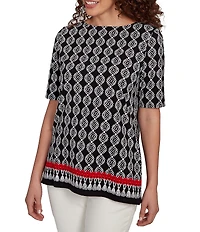 Ruby Rd. Medallion Border Print Boat Neck Elbow Sleeve Top