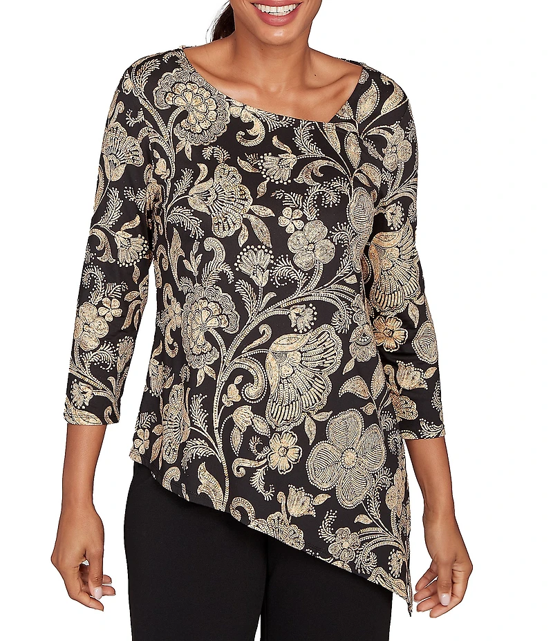 Ruby Rd. Metallic Bold Floral Print 3/4 Sleeve Asymmetrical Top