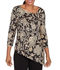 Ruby Rd. Metallic Bold Floral Print 3/4 Sleeve Asymmetrical Top