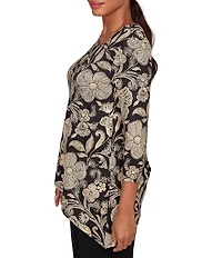 Ruby Rd. Metallic Bold Floral Print 3/4 Sleeve Asymmetrical Top