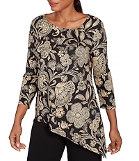 Ruby Rd. Metallic Bold Floral Print 3/4 Sleeve Asymmetrical Top