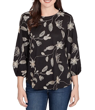 Ruby Rd. Metallic Embroidered Floral Crew Neck 3/4 Sleeve Top