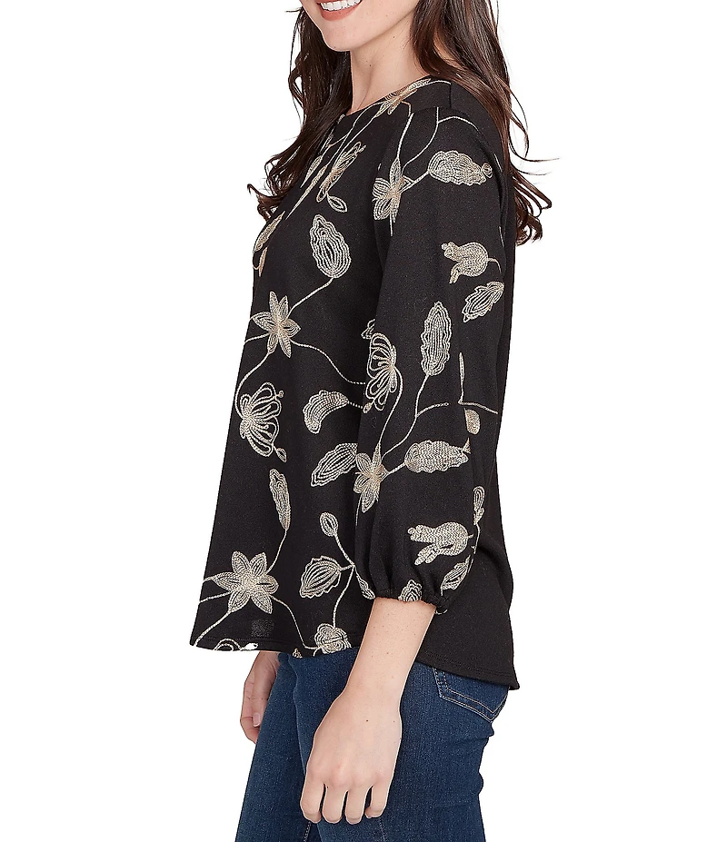 Ruby Rd. Metallic Embroidered Floral Crew Neck 3/4 Sleeve Top