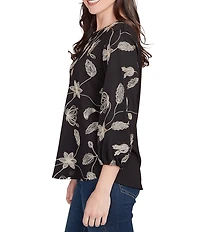 Ruby Rd. Metallic Embroidered Floral Crew Neck 3/4 Sleeve Top